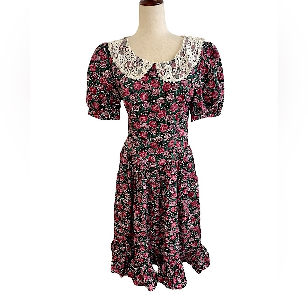 GUNNE SAX Jessica McClintock Vintage Floral Lace Prairie Midi Dress